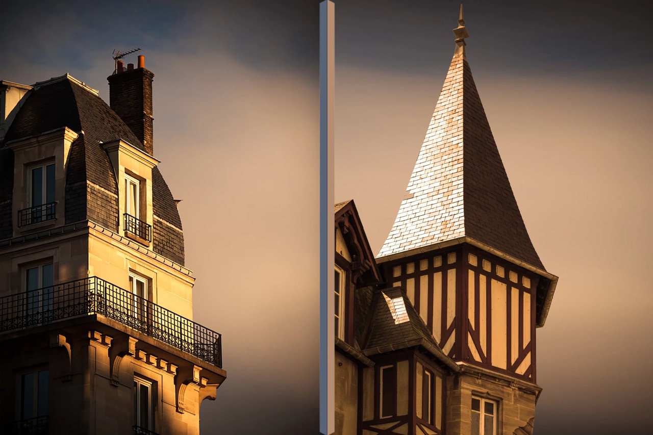 Façades typiques d’Île-de-France et de Normandie en lumière dorée – représentation visuelle de l’ancrage de Quality Street Immobilier à Paris et en Normandie