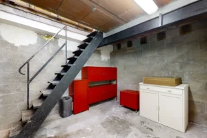Espace de stockage en sous-sol avec escalier métallique dans le local commercial à Paris 11ᵉ.