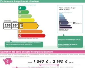 PE appartement Paris 9 classé E avec 253 kWh/m²/an de consommation énergétique et 55 kg CO₂/m²/an d’émission de gaz à effet de serre, coût annuel estimé entre 1 540 € et 2 140 €.