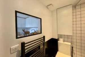Salle de bain avec verrière intérieure et radiateur sèche-serviettes dans un appartement à Paris 19, quartier Belleville.