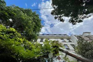 Cour végétalisée et façade d’immeuble ancien dans un environnement paisible à Paris 19, quartier Belleville.