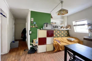 Pièce principale d’un appartement à Montmartre, Paris 18e, avec coin nuit, rangements modulables et lumière naturelle sous les toits.