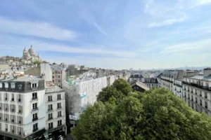 Panorama urbain de Montmartre avec le Sacré-Cœur, les toits parisiens et la verdure de la place Charles Dullin, dans le 18e arrondissement de Paris.