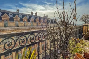 Vue dégagée depuis un balcon filant avec garde-corps en fer forgé, donnant sur les toits haussmanniens et les façades en briques d’un immeuble parisien, rue du Faubourg Saint-Denis, secteur Gare du Nord à Paris 10.