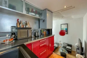 Cuisine moderne équipée avec électroménager, ouverte sur le séjour dans un appartement à Paris 10.
