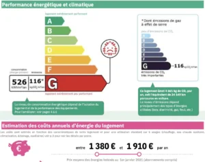 Diagnostic de performance énergétique (DPE) d’un appartement à Paris 10ᵉ, classé G, avec une consommation annuelle de 526 kWh/m² et des émissions de CO₂ de 116 kg/m².