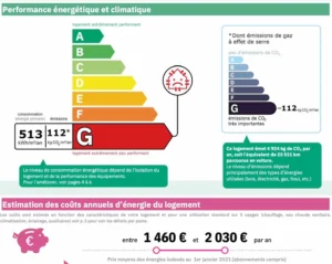 DPE appartement Paris 10 classé G avec 513 kWh/m²/an de consommation énergétique et 112 kg CO₂/m²/an d’émission de gaz à effet de serre, coût annuel estimé entre 1 460 € et 2 030 €.