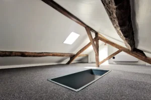 Chambre mansardée avec poutres apparentes, moquette grise et murs blancs dans un appartement à Chantilly.
