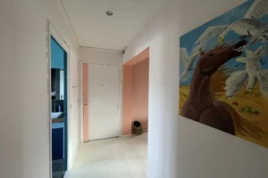 Entrée de l’appartement avec couloir décoré et porte d’entrée renforcée.