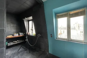 Salle de bain atypique avec douche à l’italienne, carrelage foncé et lumière naturelle.