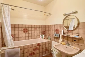 Salle de bains vintage avec baignoire, carrelage fleuri et lavabo sur colonne.