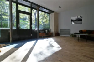 Lumière du matin traversant un salon chic dans un local commercial à Paris 20ᵉ – vue sur parc