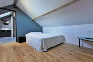 Chambre parentale mansardée avec velux et décoration sobre à Chantilly.
