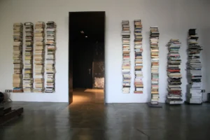 Bibliothèques murales verticales originales, fixées sur un mur blanc face à un couloir sombre et graphique, dans un esprit loft design.