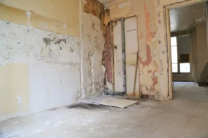 Pièce à réhabiliter dans l’appartement avec traces d’anciennes installations, double exposition.