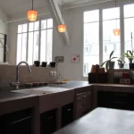 Évier d’atelier et plan de travail en béton dans une cuisine de loft à Paris 10, baignée de lumière naturelle par de grandes baies vitrées, avec suspensions industrielles et plantes en pot.