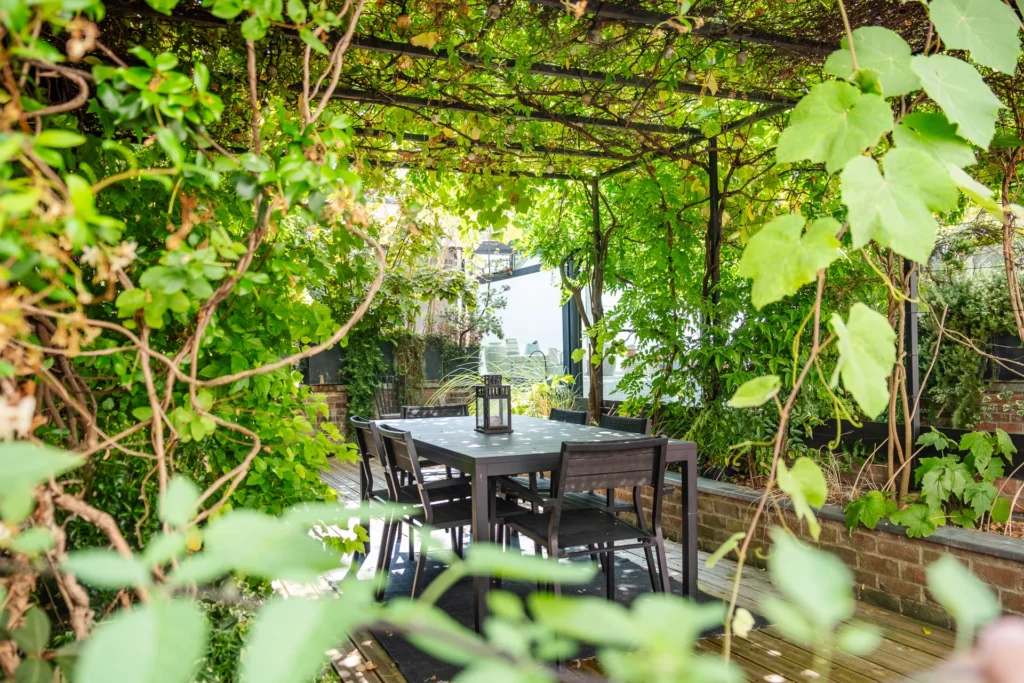 Terrasse cachée en écrin végétal, sous une pergola naturelle, avec mobilier discret et ambiance apaisante.