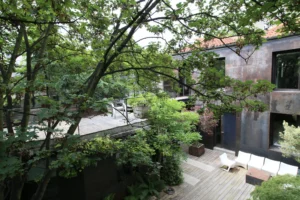 Vue sur la cour arborée d’un loft à Bagnolet, avec terrasse en bois, mobilier outdoor et façades en métal patiné entourées d’une végétation abondante.
