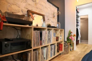 Détail d’une étagère à vinyles dans une chambre d’appartement à Montmartre Paris 18, avec platine, ampli, décoration murale en pierre et bouquet de fleurs séchées.