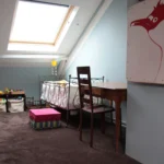 Chambre d’enfant située sous les combles dans un loft parisien, avec lit en fer forgé, moquette au sol, puits de lumière zénithale et mobilier en bois.