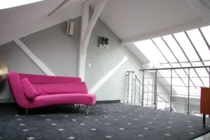 Mezzanine lumineuse avec canapé design fuchsia, poutres apparentes et verrière zénithale dans un loft contemporain à Paris 10ᵉ.