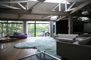 Salon spacieux d’un loft à Bagnolet avec canapés design, poutres apparentes, larges baies vitrées et vue sur terrasse végétalisée.