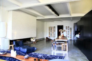 Espace de vie structuré autour de la cuisine et de la cheminée, avec assises design, décor floral et mobilier en bois et métal.