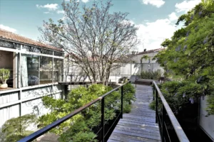 Passerelle en bois suspendue au cœur d’un loft végétalisé à Bagnolet, reliant les espaces de vie avec vue sur un arbre central majestueux.