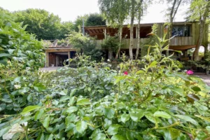Façade de la maison avec terrasse haute, bardage bois et fleurs en premier plan