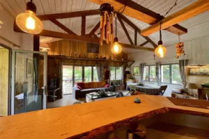 Vue intérieure chaleureuse depuis la cuisine sur le salon et la terrasse extérieure