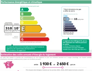 Diagnostic de performance énergétique d’un appartement à Honfleur : classe E avec une consommation de 310 kWh/m²/an et 10 kg CO₂/m²/an.