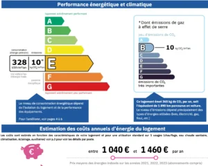 Diagnostic de performance énergétique (DPE) classé E pour un appartement à Benerville-sur-Mer, consommation 328 kWh/m²/an et émissions de CO₂ de 10 kg/m²/an.
