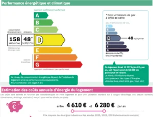 Diagnostic de performance énergétique (DPE) de la maison à Ouilly-le-Vicomte, classée D avec 158 kWh/m²/an et 48 kg CO₂/m²/an.