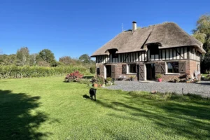 Maison normande à vendre à Bonneville-la-Louvet (14130 Calvados), avec toit de chaume, grand jardin arboré et façade typique en colombages.