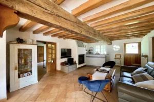 Salon chaleureux de la maison à vendre à Moisville dans l’Eure avec poutres apparentes, cheminée moderne et coin détente