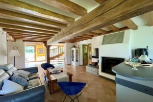 Salon lumineux de la maison à vendre à Moisville dans l’Eure avec poutres apparentes, cheminée et accès direct au jardin