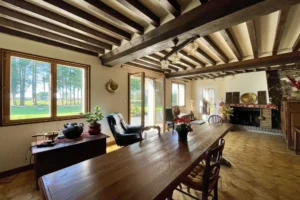 Salon avec cheminée en pierre et poutres apparentes dans une maison normande à Bonneville-la-Louvet (Calvados).