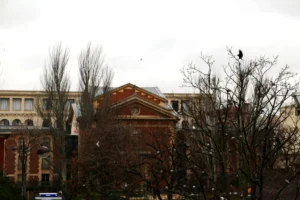 Vue dégagée sur le Square Alban Satragne et les bâtiments historiques environnants depuis un appartement situé rue du Faubourg Saint-Denis à Paris 10.