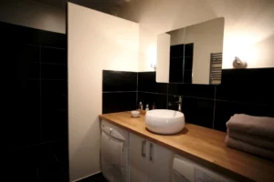 Salle de bain d’un appartement situé rue du Faubourg Saint-Denis à Paris 10, avec vasque moderne, plan de travail en bois, miroir lumineux et espace douche carrelé noir.