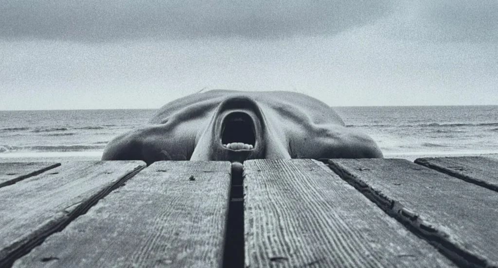 Corps allongé sur les Planches de Deauville face à la mer, photographie noir et blanc d’Arno Rafael Minkkinen – festival Planches Contact Deauville