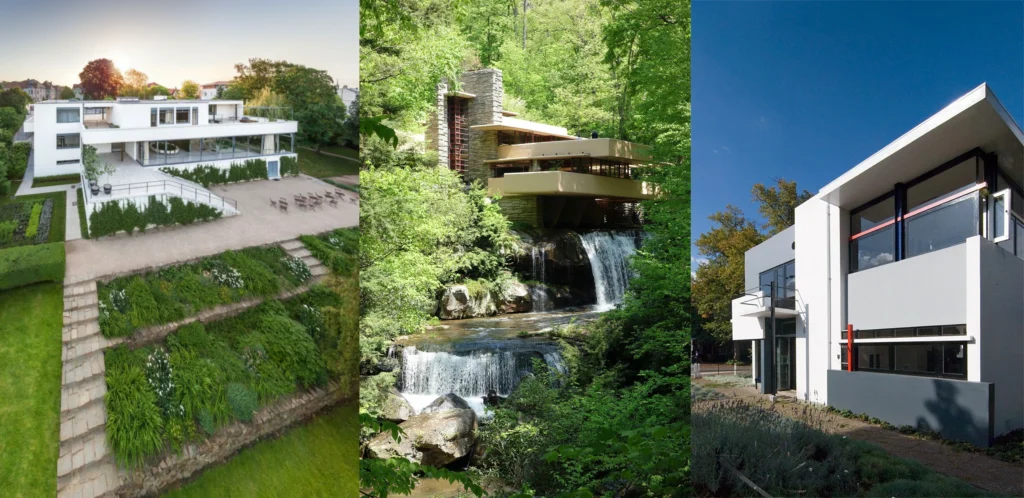 Triptyque illustrant trois icônes de l’architecture moderniste : à gauche la Maison Tugendhat de Mies van der Rohe à Brno, au centre la maison Fallingwater de Frank Lloyd Wright en Pennsylvanie, et à droite la Maison Schröder de Gerrit Rietveld à Utrecht.