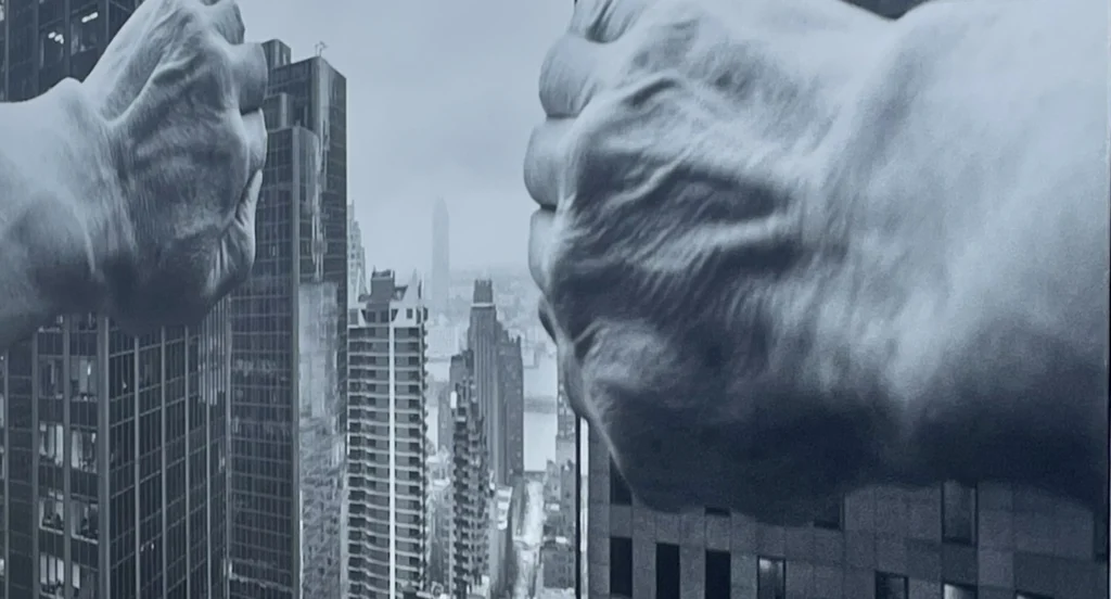 Photographie noir et blanc d’Arno Rafael Minkkinen — deux mains monumentales surgissant au-dessus des gratte-ciel d’une ville, œuvre présentée au festival Planches Contact Deauville