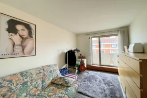 Chambre d’un appartement à vendre à Paris 12 Picpus avec canapé convertible, commode et porte-fenêtre donnant sur le balcon, pièce polyvalente et lumineuse.