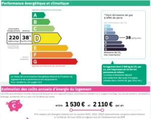Diagnostic de performance énergétique (DPE) d’un appartement 4 pièces à vendre à Paris 12 Picpus indiquant une classe énergétique D (220 kWh/m²/an) et des émissions de CO₂ de 38 kg/m²/an.