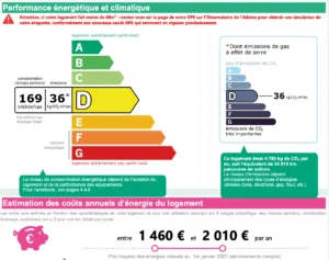Diagnostic de performance énergétique (DPE) d’un appartement à vendre à Paris 11, boulevard du Temple, classé D avec une consommation de 169 kWh/m²/an et des émissions de 36 kg CO₂/m²/an.