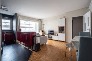 Pièce de vie avec cuisine ouverte, espace salon et coin repas, parquet au sol, grandes baies vitrées apportant une belle luminosité, appartement 2 pièces à Paris 12 secteur Daumesnil Dugommier.