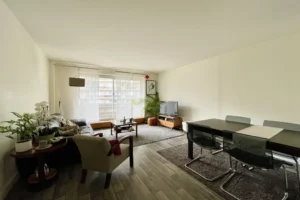 Grande pièce de vie avec séjour et salle à manger d’un appartement à vendre à Paris 12 Picpus, table à manger, salon ouvert et large baie vitrée apportant une belle luminosité.