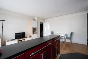 Séjour avec cuisine ouverte et grand plan de travail, espace salon avec meuble TV, coin repas au fond de la pièce, parquet au sol, appartement 2 pièces à Paris 12 Dugommier Daumesnil.