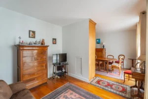 Vue traversante du salon et de la salle à manger d’un appartement à vendre à Paris 12 Picpus, parquet ancien, mobilier en bois, tapis décoratifs, séparation légère entre les espaces et circulation fluide entre les pièces.