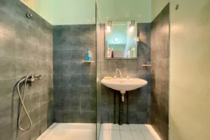 Salle d’eau d’un studio à Paris 10 avec douche carrelée, vasque murale, miroir éclairé et espace lavabo, située rue du Faubourg Saint-Denis.